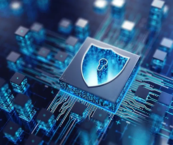 Glowing security shield and padlock on a circuit-board chip