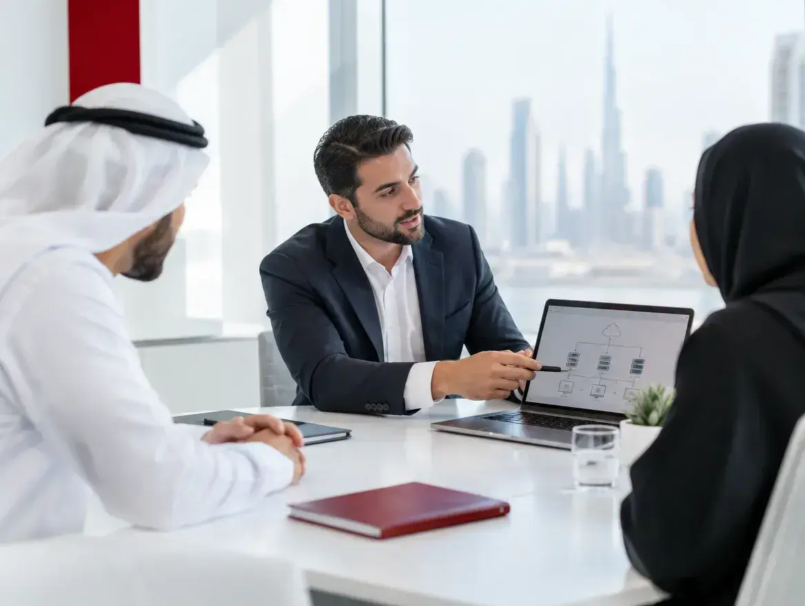 IT consultant presenting a system diagram on a laptop to Emirati clients, with the Dubai skyline behind