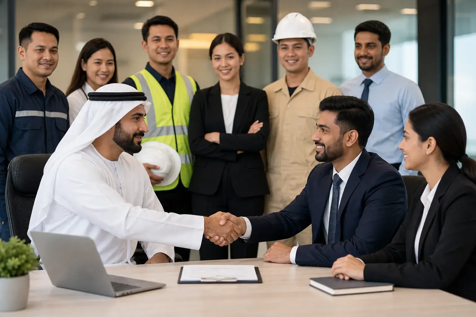 Emirati client shaking hands with an HR provider in front of an assembled multi-disciplinary team